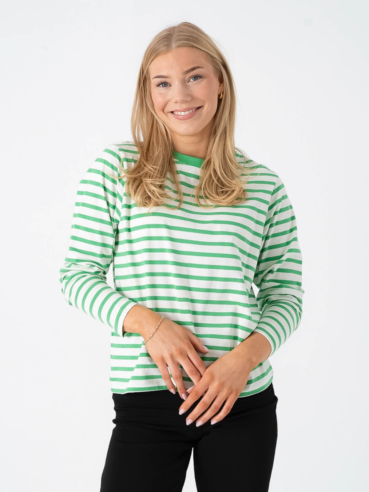 Ichi Mira Loose Long Sleeve 3 Kelly Green / Cloud Dancer