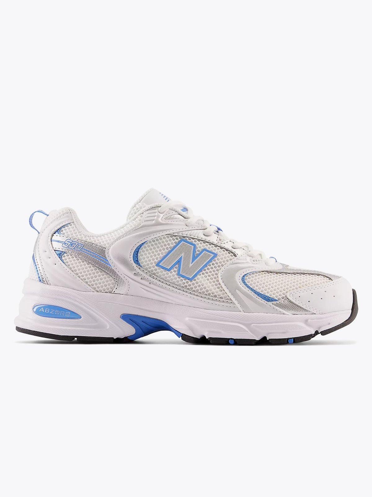 New Balance MR 530 White with silver metallic and sky blue