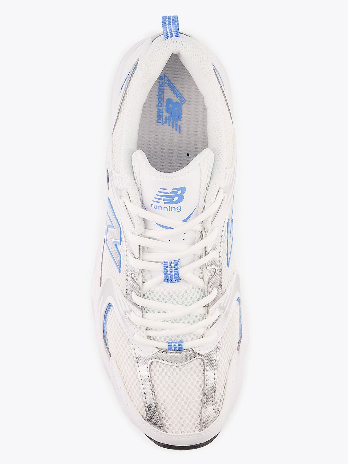New Balance MR 530 White with silver metallic and sky blue
