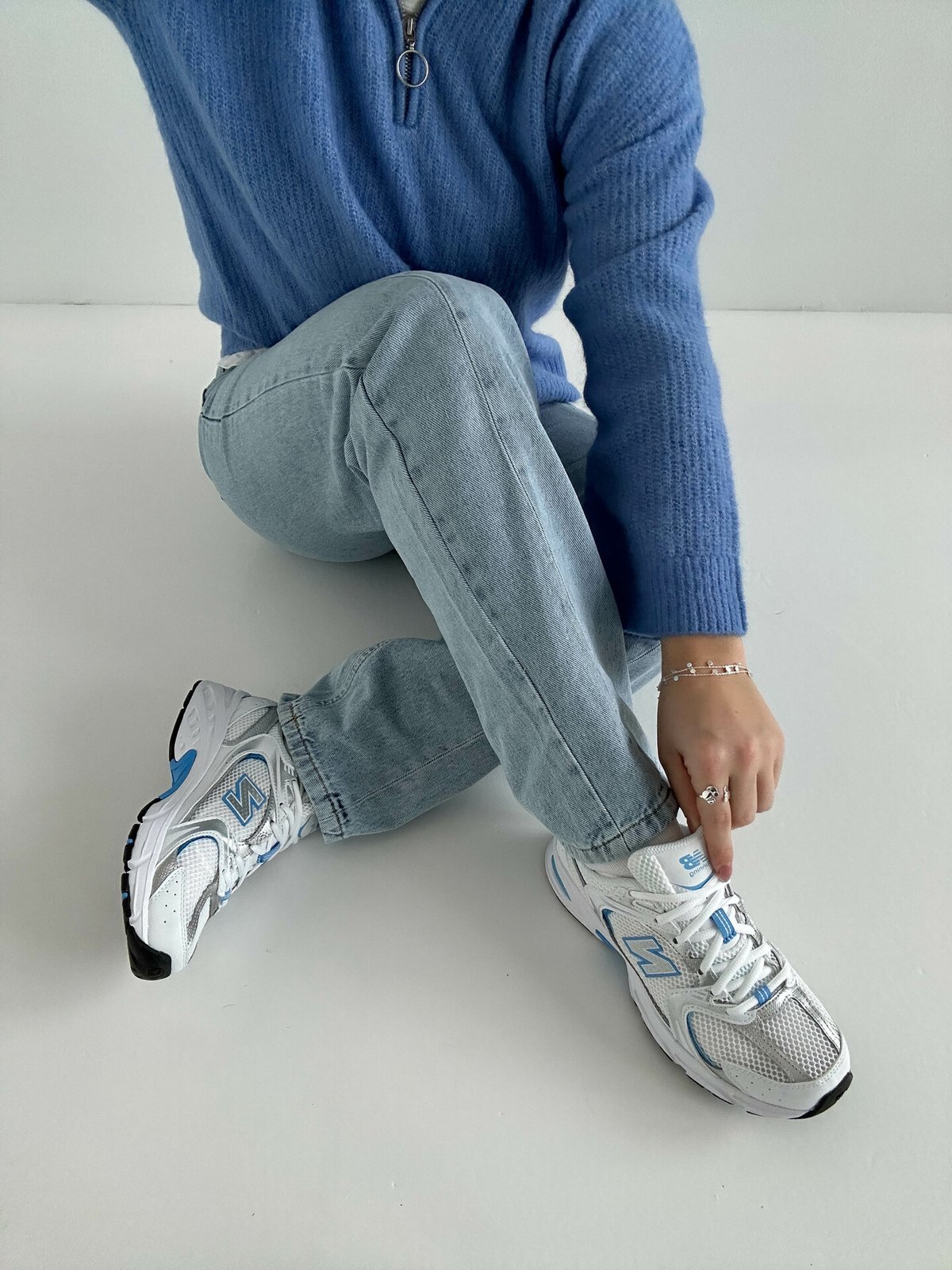 New Balance MR 530 White with silver metallic and sky blue