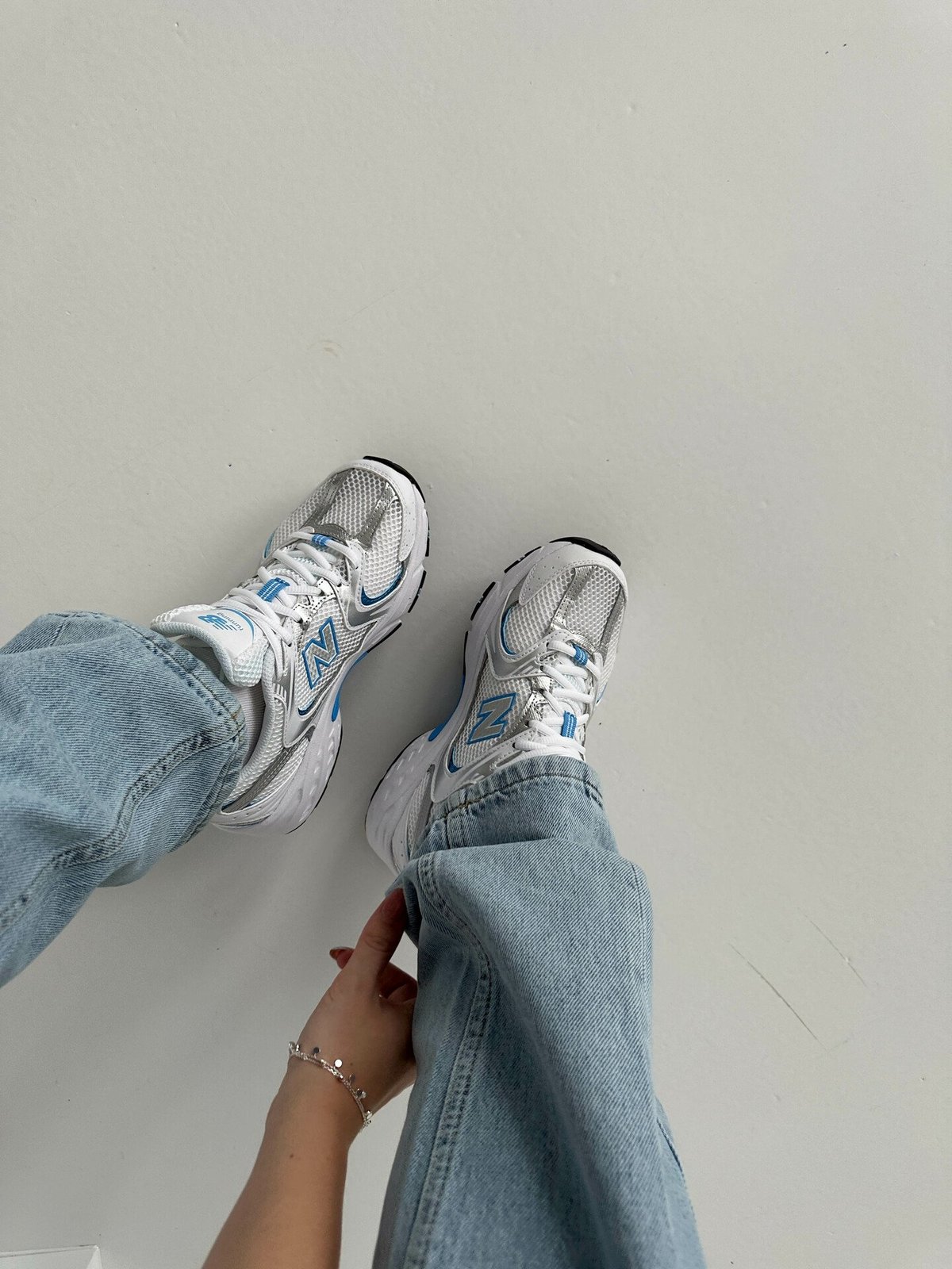 New Balance MR 530 White with silver metallic and sky blue