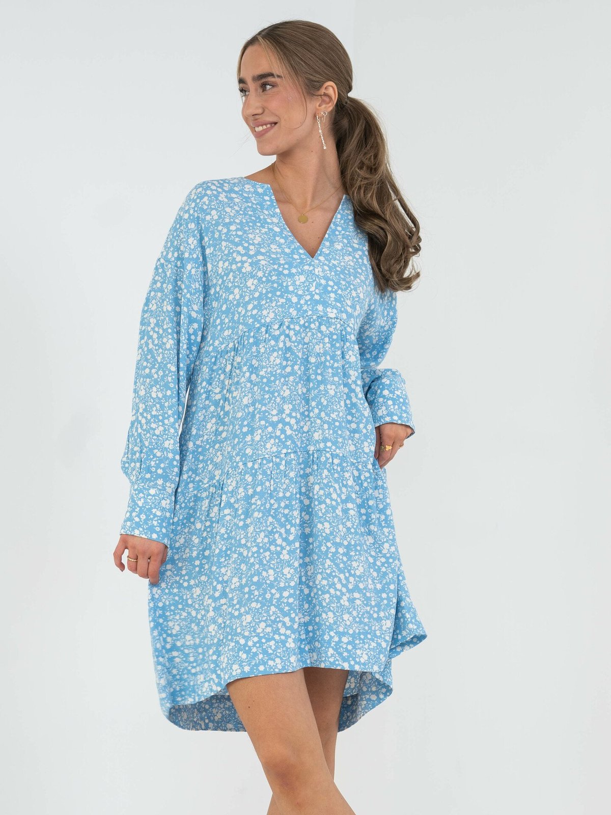 NORR Bomba Short Dress Blue with White Flower Print