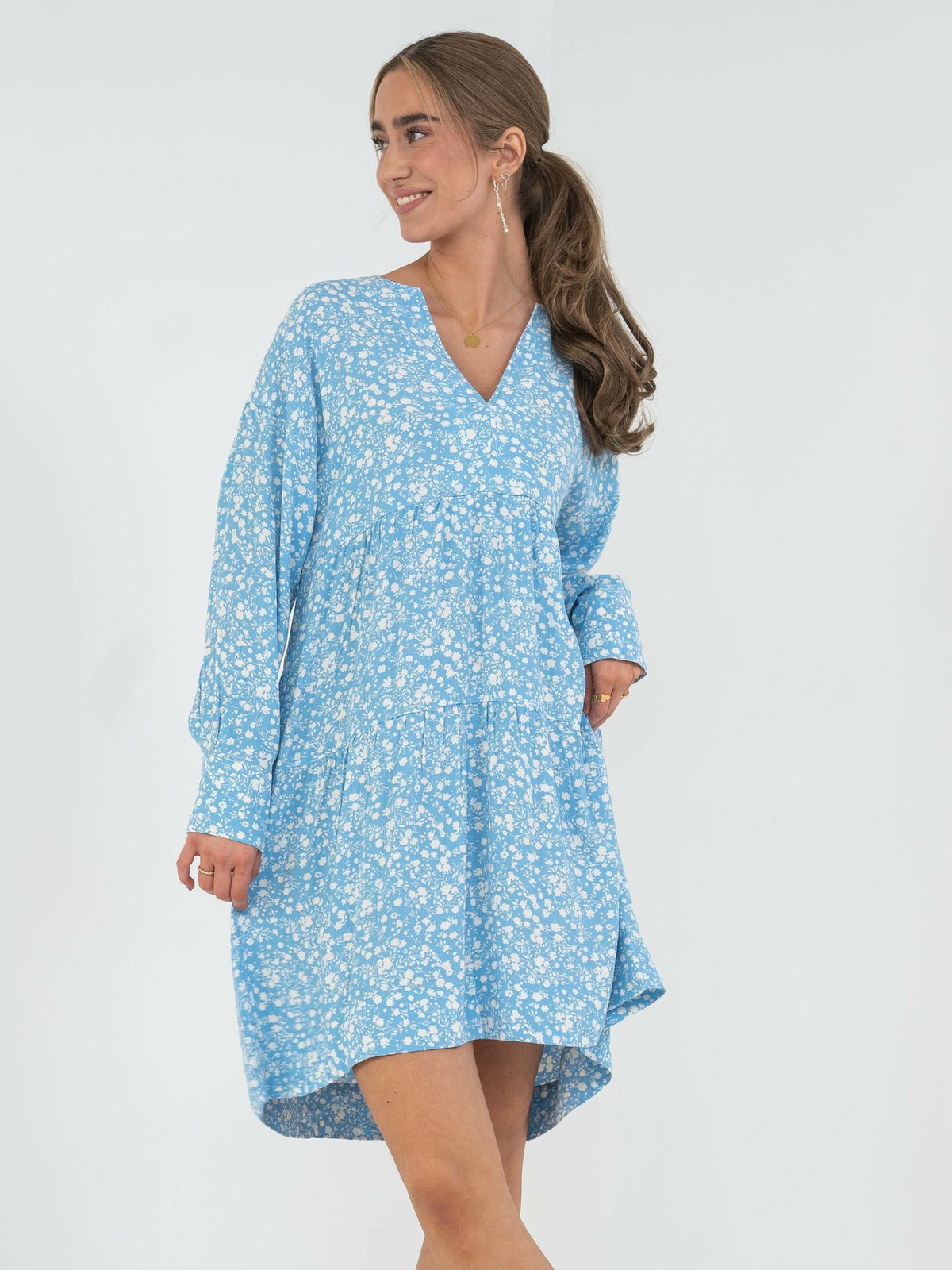 NORR Bomba Short Dress Blue with White Flower Print