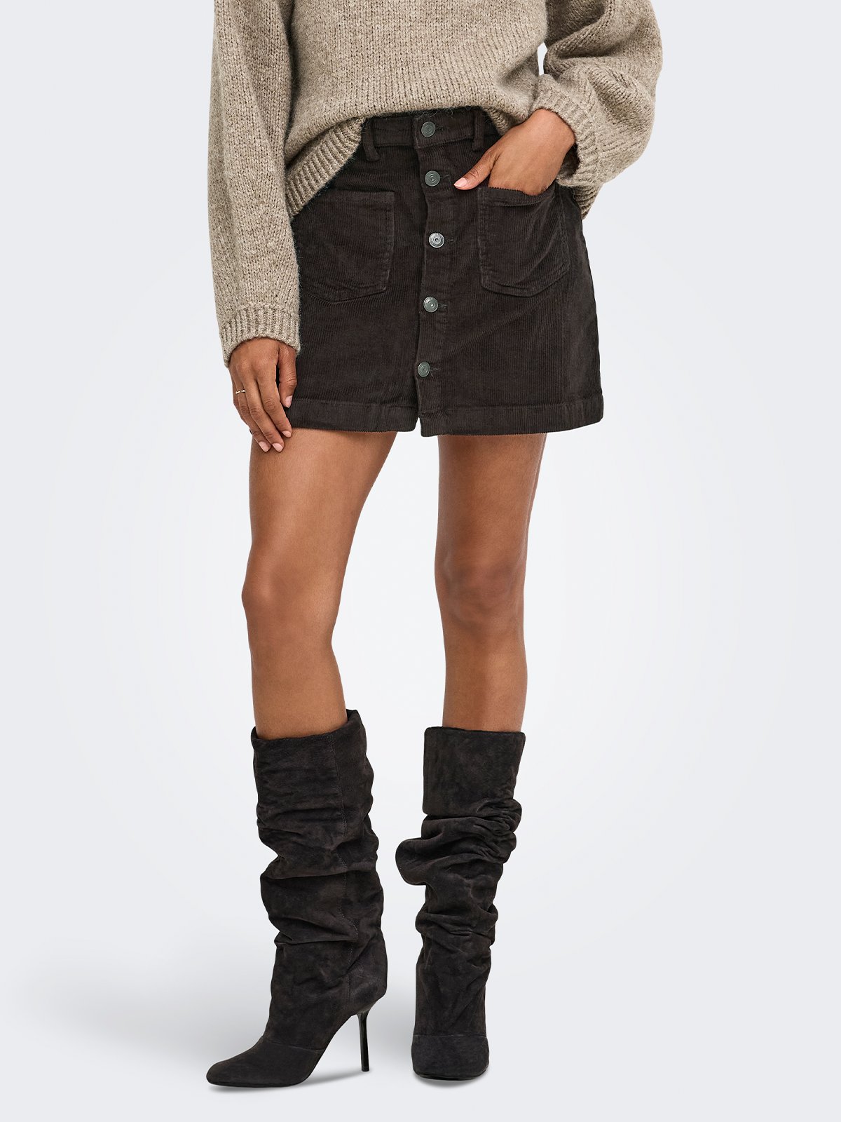 Only Amazing Global High Waist Cord Skirt Black Coffee