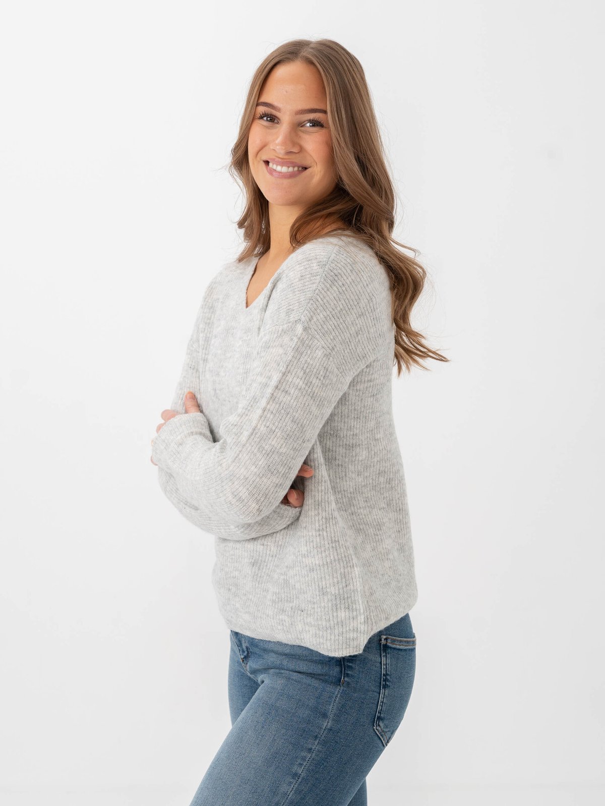 Only Camilla V-Neck Long Sleeve Pullover Knit Light Grey Melange