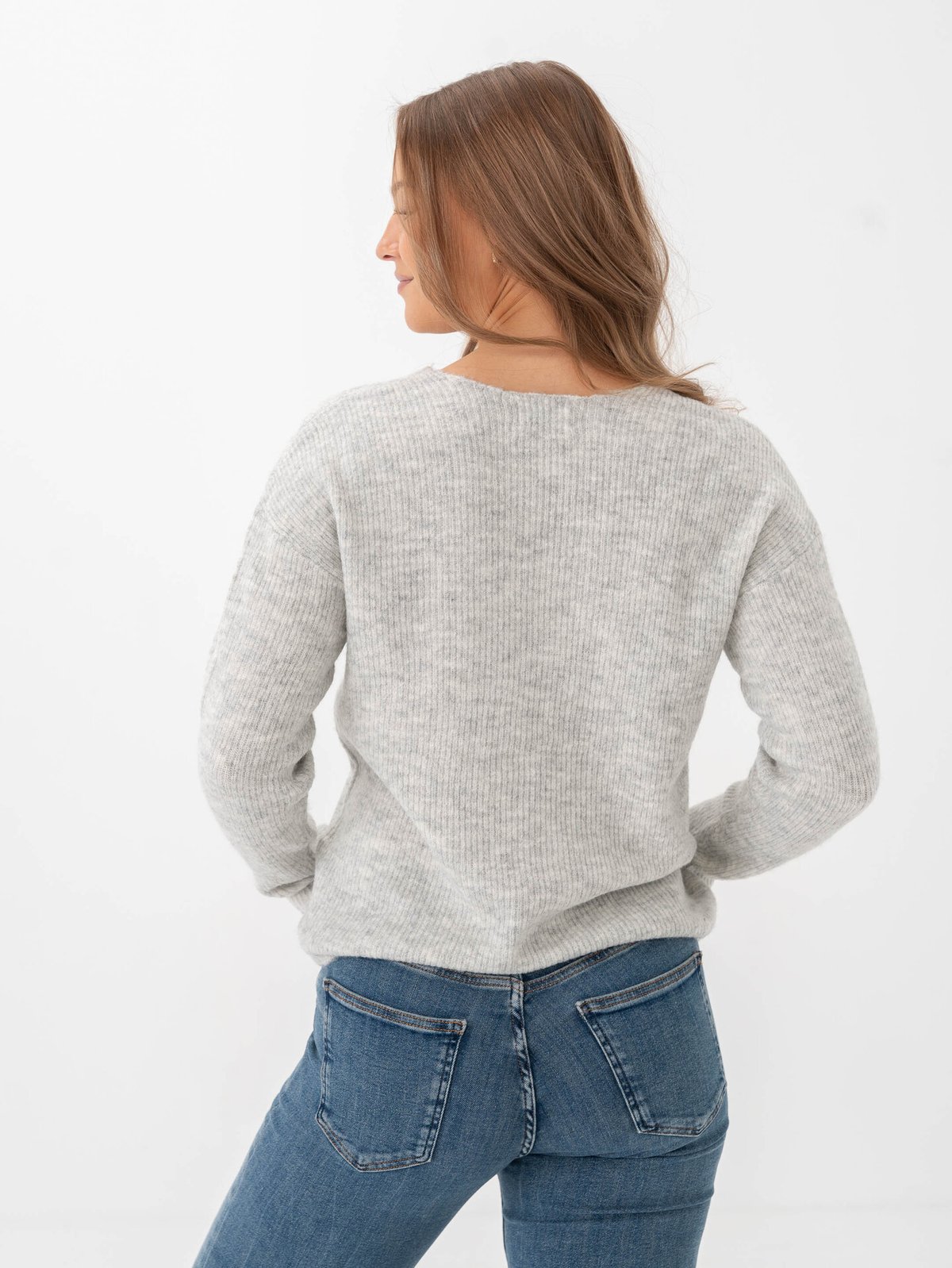 Only Camilla V-Neck Long Sleeve Pullover Knit Light Grey Melange