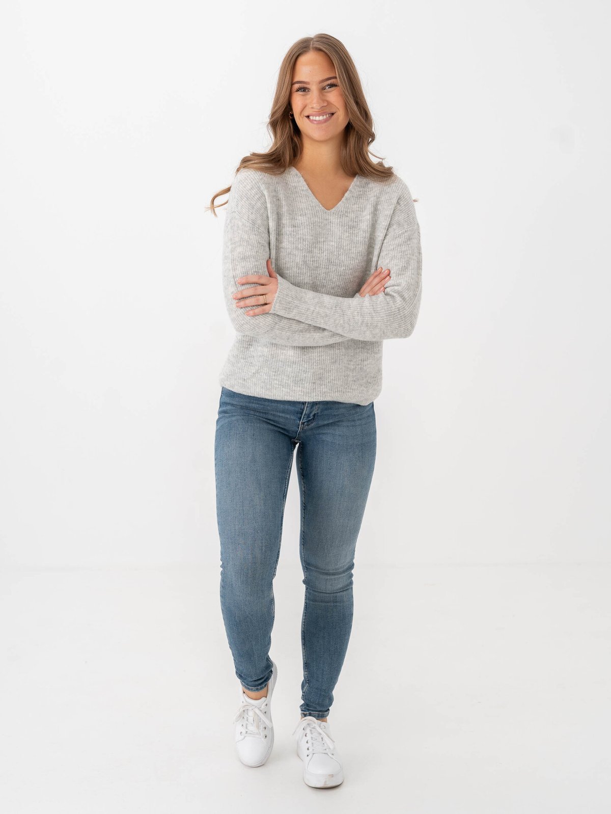 Only Camilla V-Neck Long Sleeve Pullover Knit Light Grey Melange