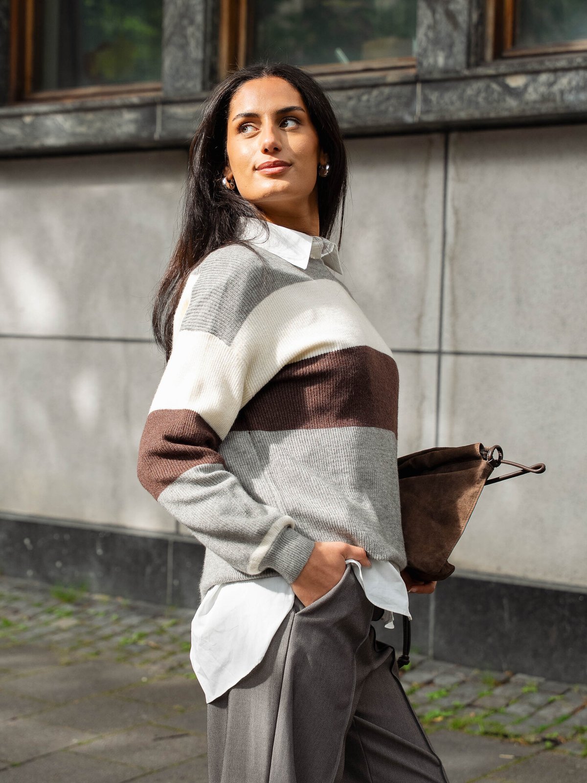 Only Atia Long Sleeve Stripe Pullover Knit Medium Grey Melange W. Whitecap Gray/Chicory Coffee