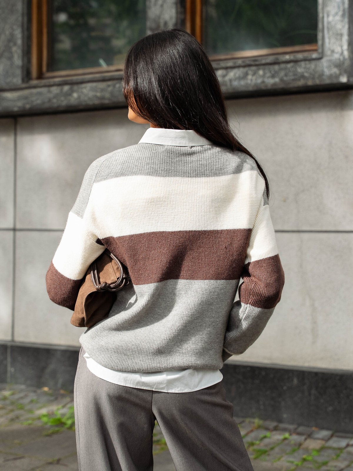 Only Atia Long Sleeve Stripe Pullover Knit Medium Grey Melange W. Whitecap Gray/Chicory Coffee