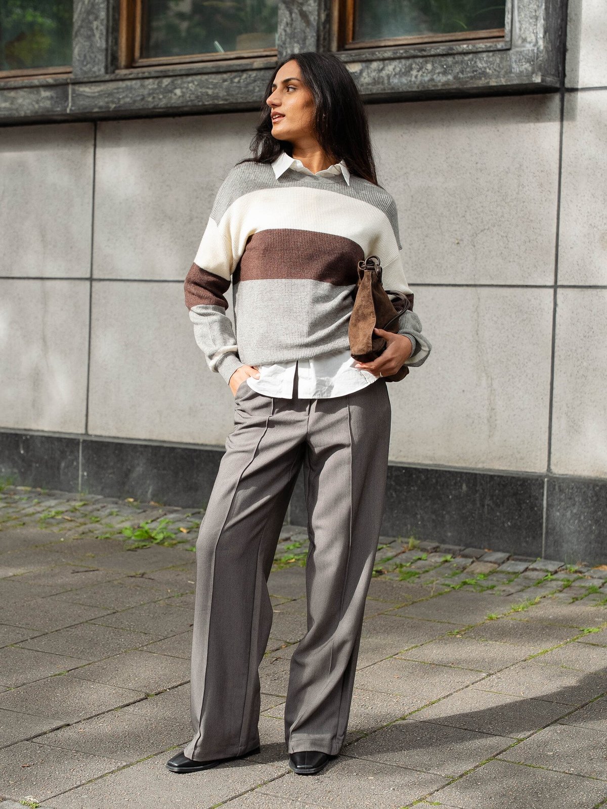 Only Atia Long Sleeve Stripe Pullover Knit Medium Grey Melange W. Whitecap Gray/Chicory Coffee