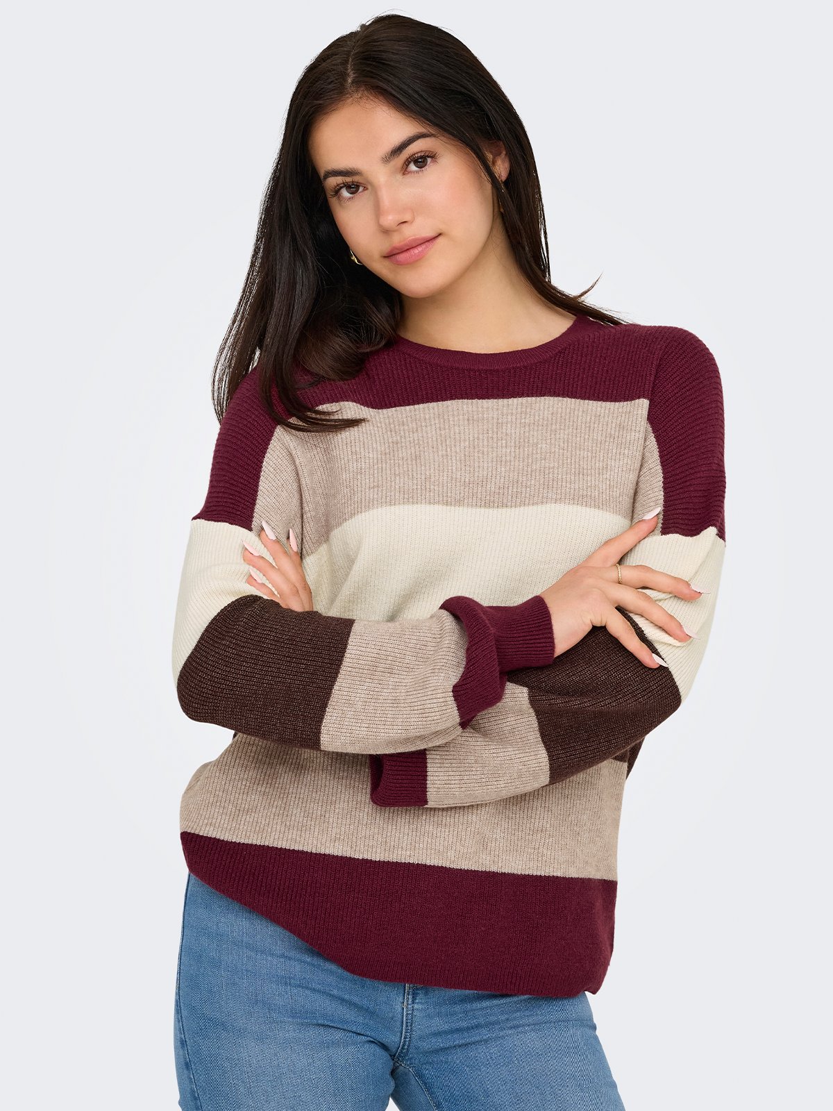 Only Atia Long Sleeve Stripe Pullover Knit Zinfandel