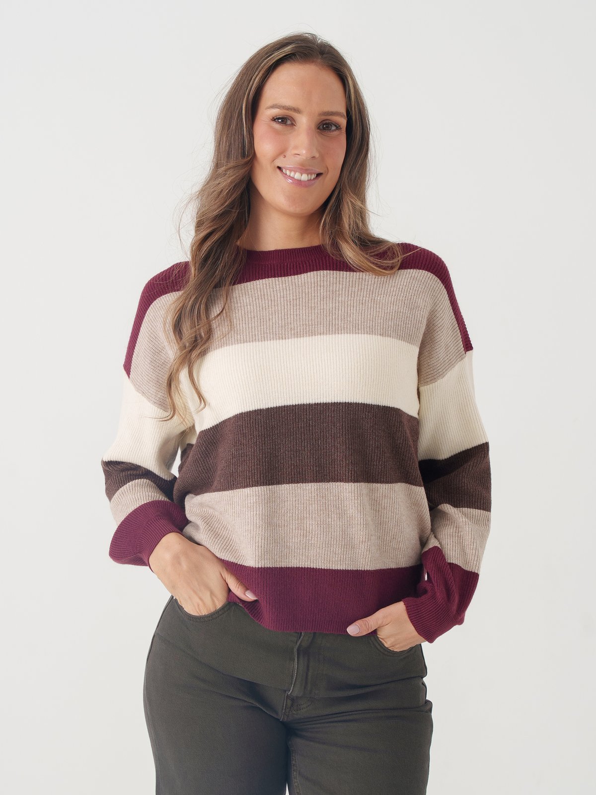 Only Atia Long Sleeve Stripe Pullover Knit Zinfandel