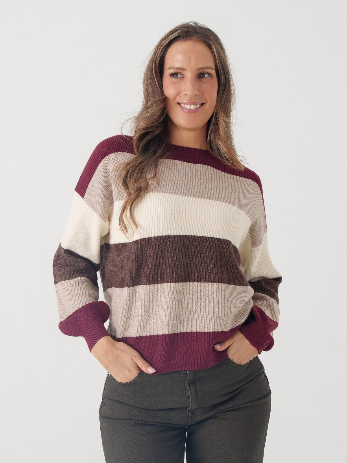 Only Atia Long Sleeve Stripe Pullover Knit Zinfandel