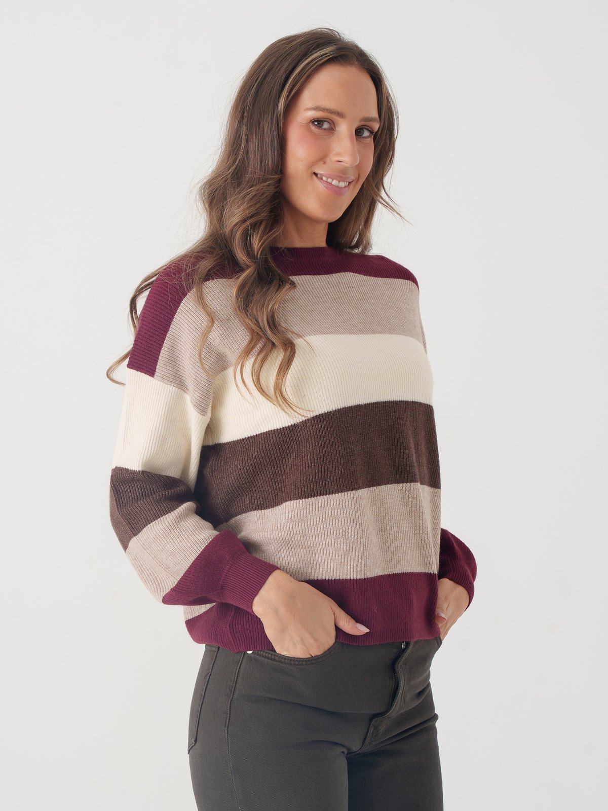 Only Atia Long Sleeve Stripe Pullover Knit Zinfandel