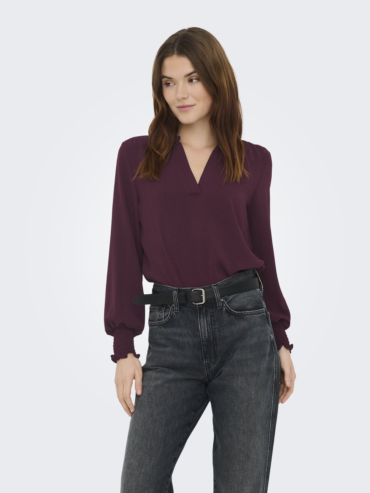 Only Mette V-Neck Long Sleeve Smock Top Decadent Chocolate