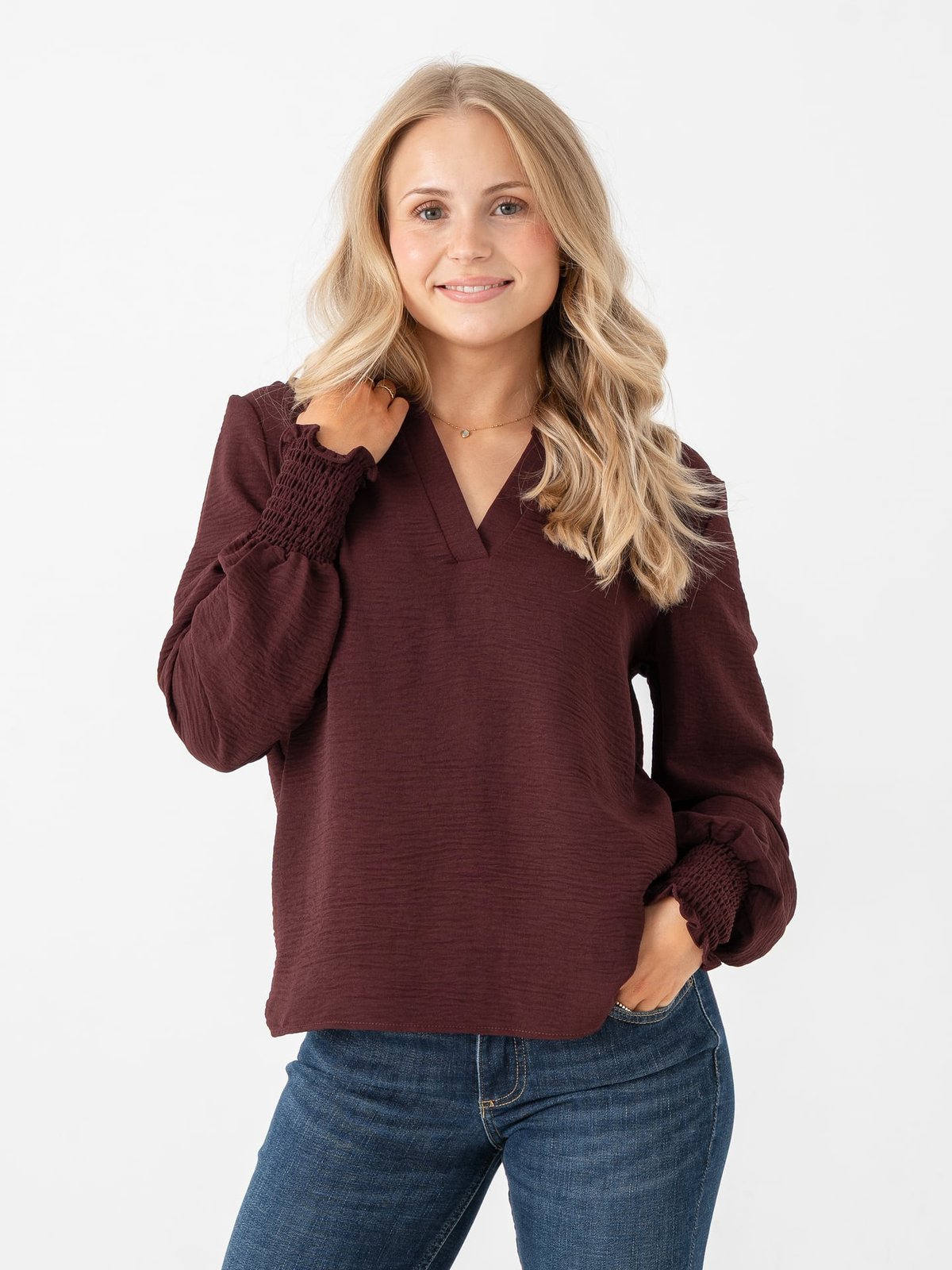 Only Mette V-Neck Long Sleeve Smock Top Decadent Chocolate
