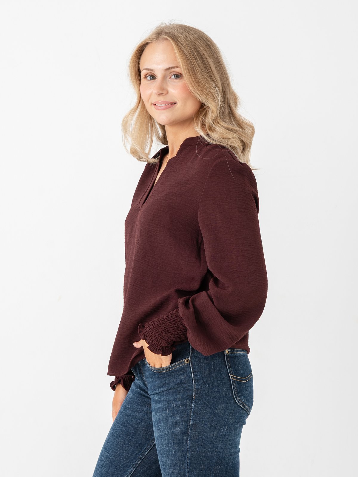 Only Mette V-Neck Long Sleeve Smock Top Decadent Chocolate