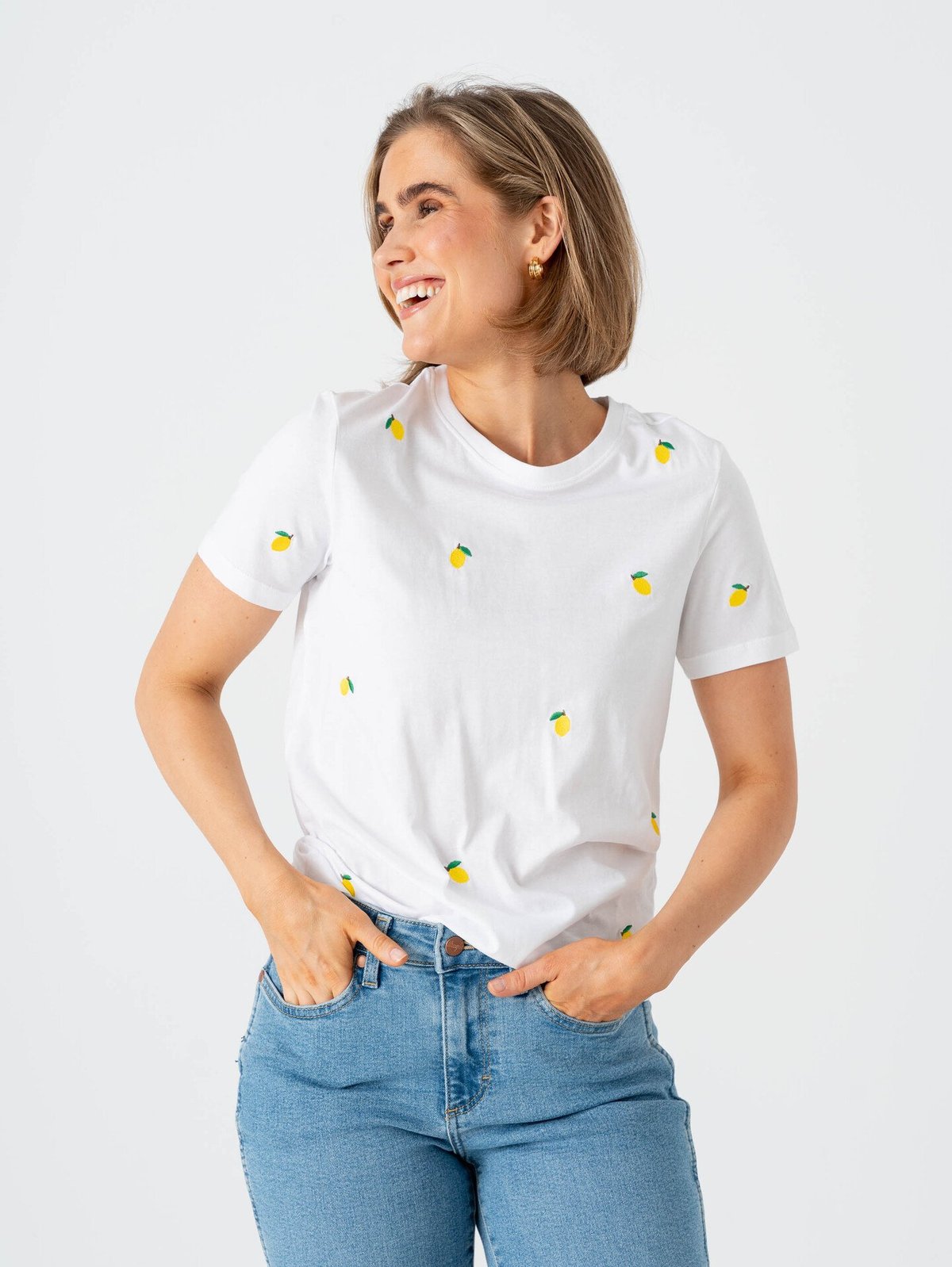 Only Ketty Life Short Sleeve O-Neck Top Bright White / Lemons