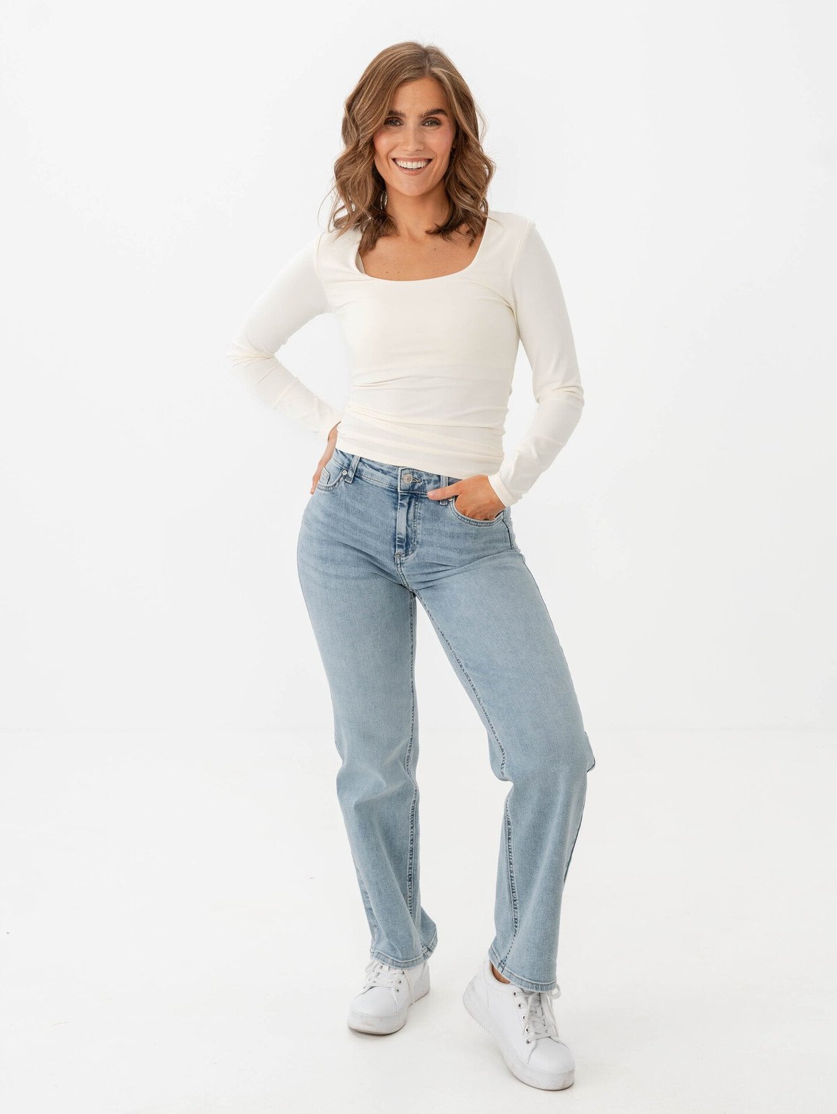 Only Ea Long Sleeve 2-Way Deep Neck Top Cloud Dancer