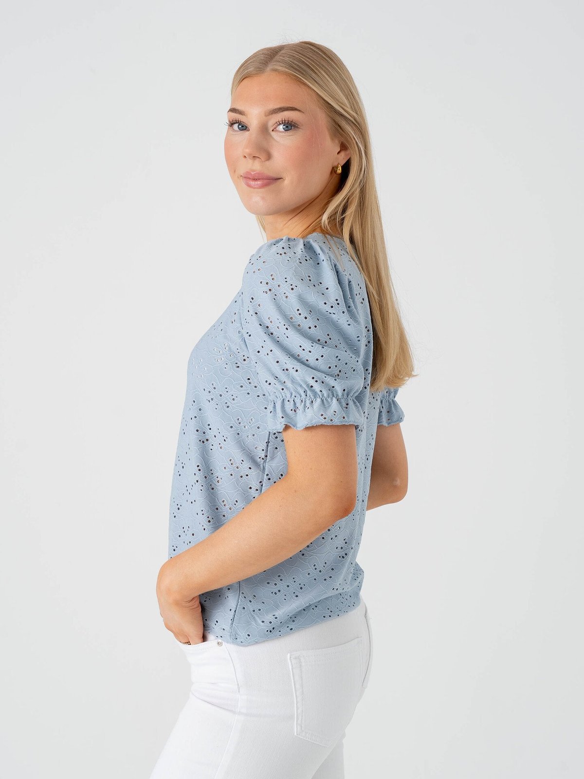 Only New Smilla Life Short Sleeve Puff Top Soft Chambray