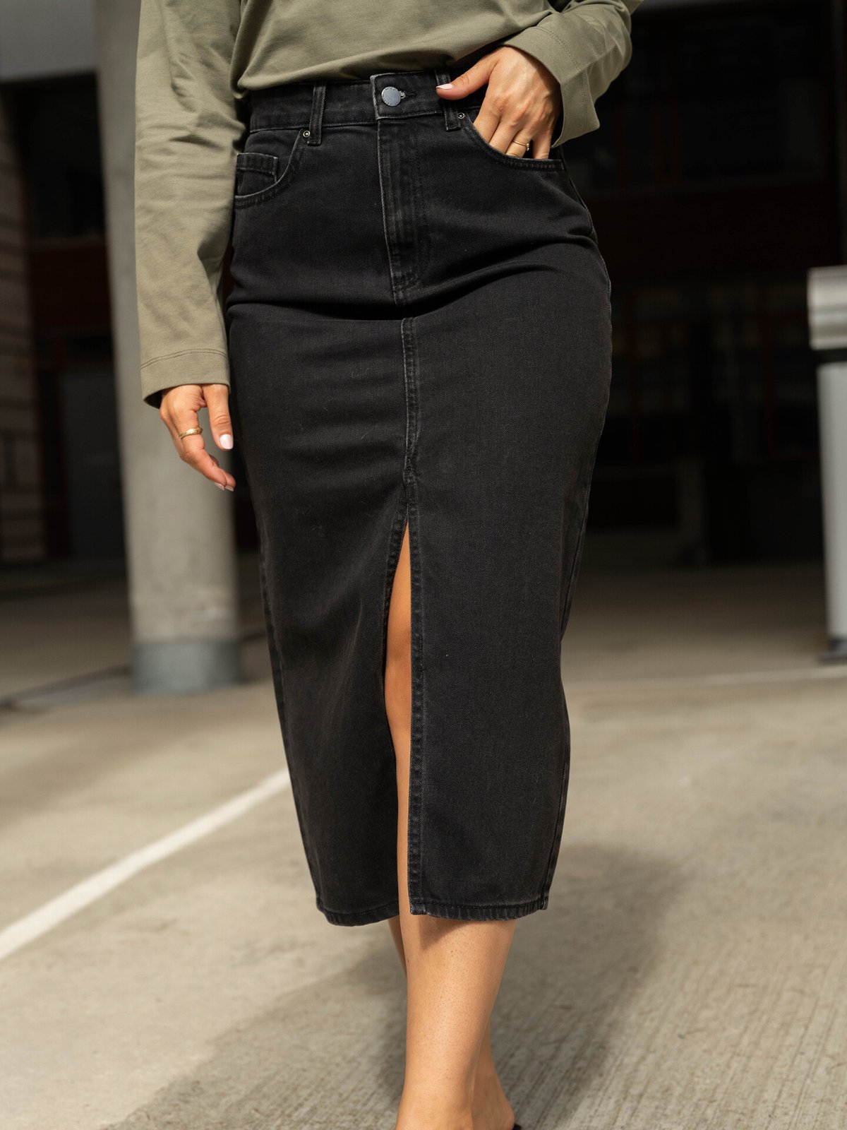 Only Bianca Midi Skirt Denim Washed Black