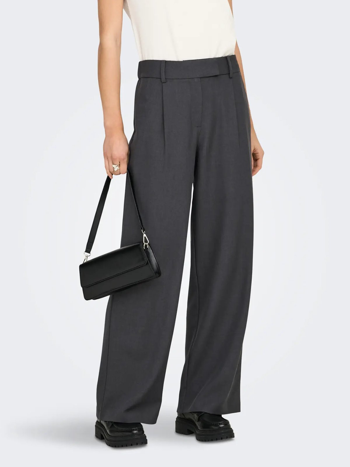 Only Linda High Waist Straight Mel Pants Dark Grey Melange