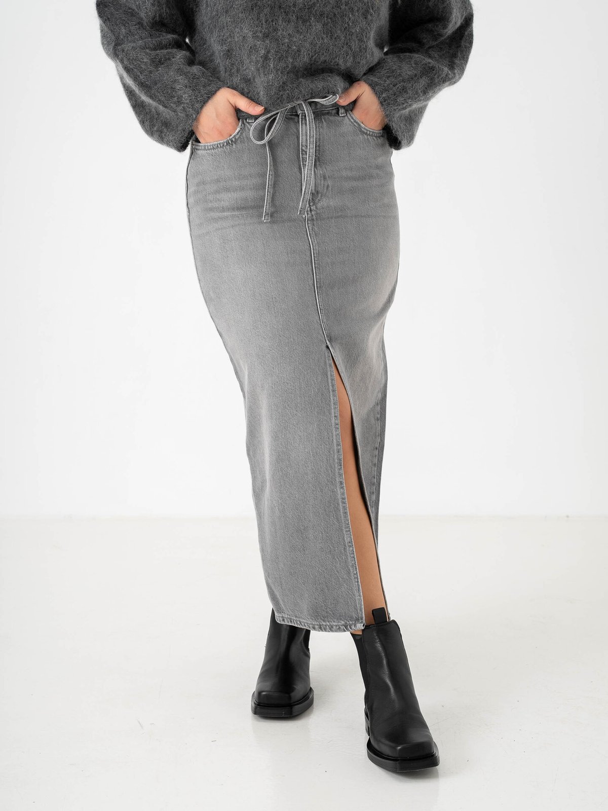 Only Gianna Belted Midi Skirt Dot Denim Medium Grey Denim