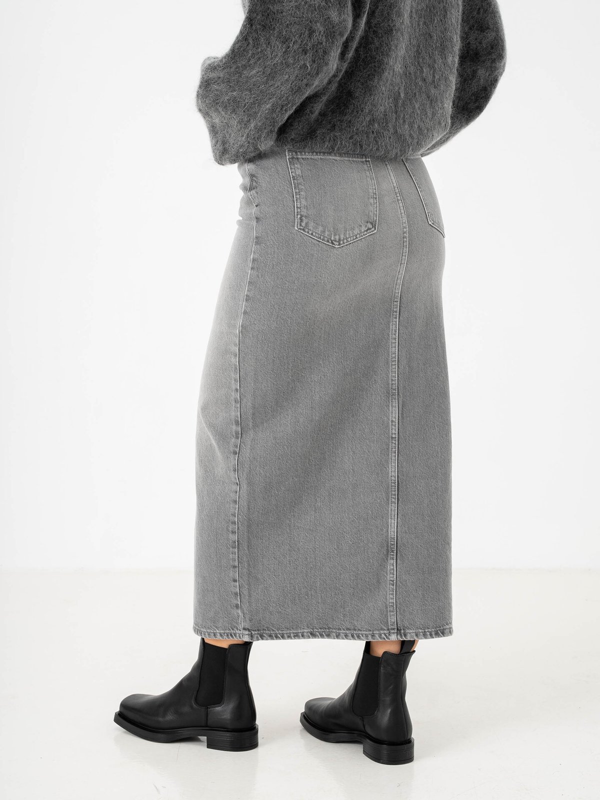 Only Gianna Belted Midi Skirt Dot Denim Medium Grey Denim