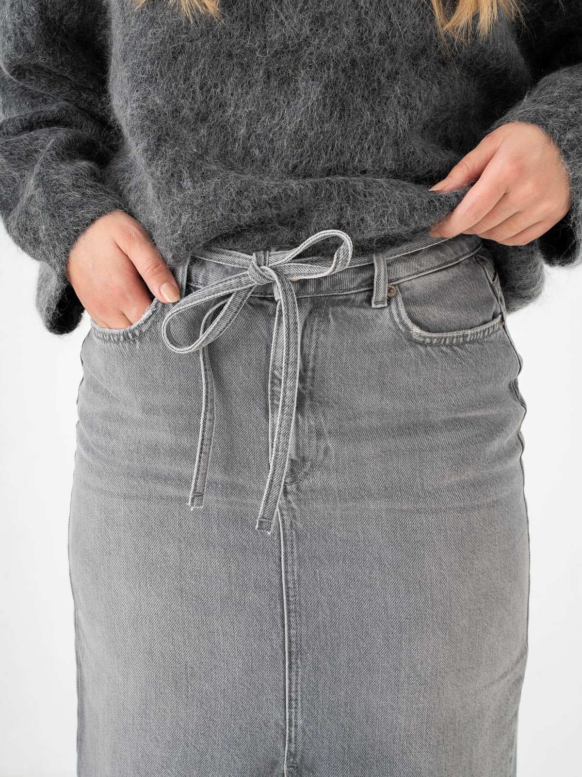 Only Gianna Belted Midi Skirt Dot Denim Medium Grey Denim