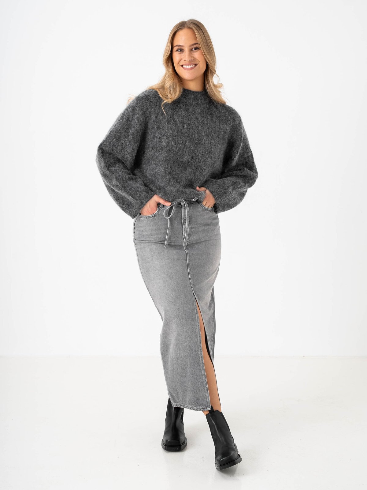 Only Gianna Belted Midi Skirt Dot Denim Medium Grey Denim