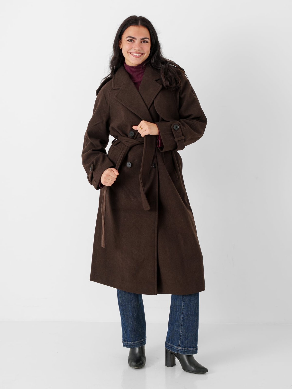 Only Dear-Trillion Long Belt Coat Chocolate Brown MELANGE