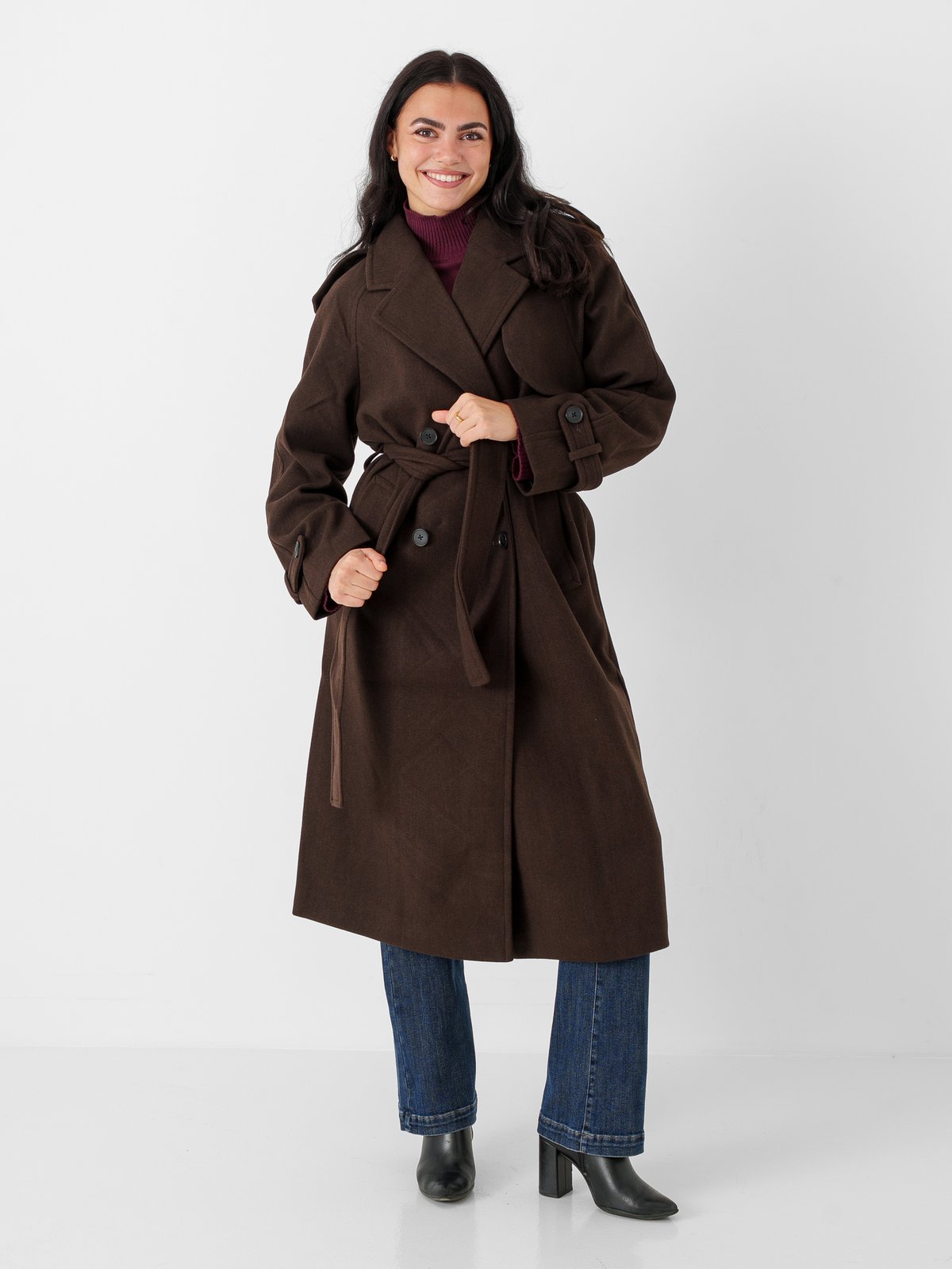 Only Dear-Trillion Long Belt Coat Chocolate Brown MELANGE
