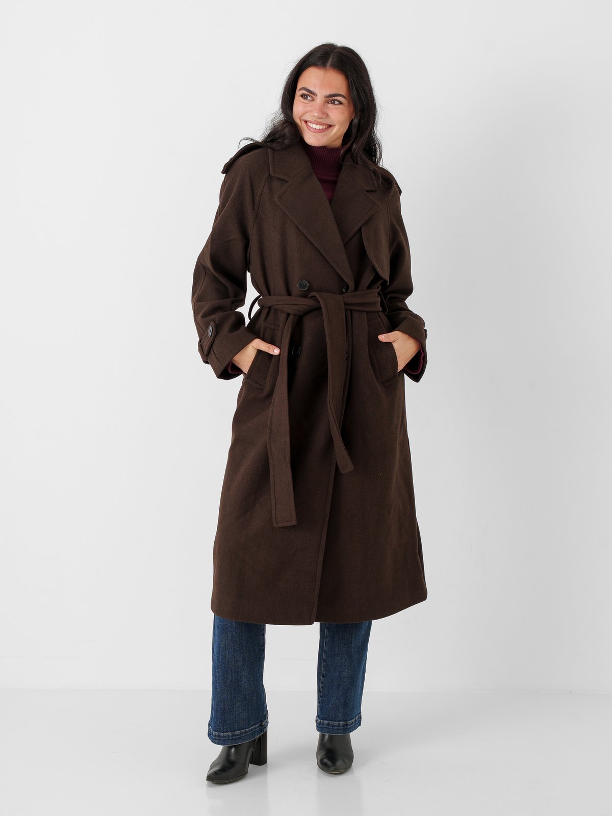 Only Dear-Trillion Long Belt Coat Chocolate Brown MELANGE