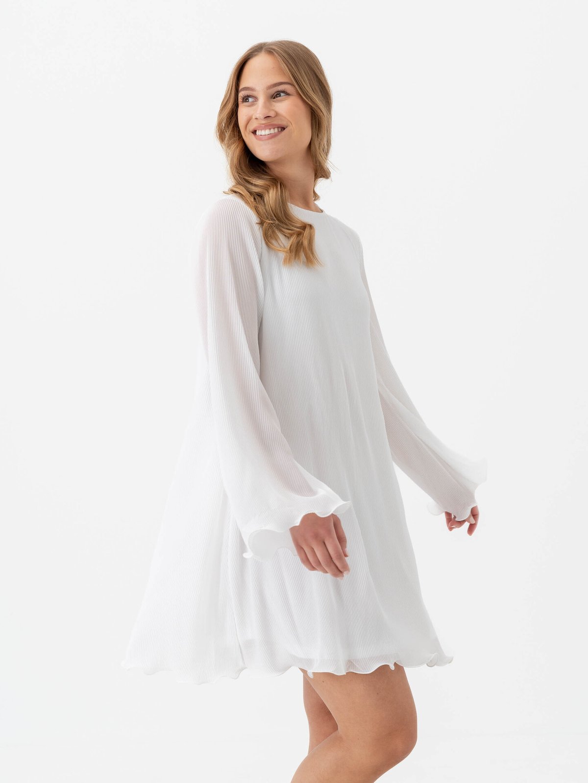 Only Piera Life Long Sleeve Plisse Dress Bright White
