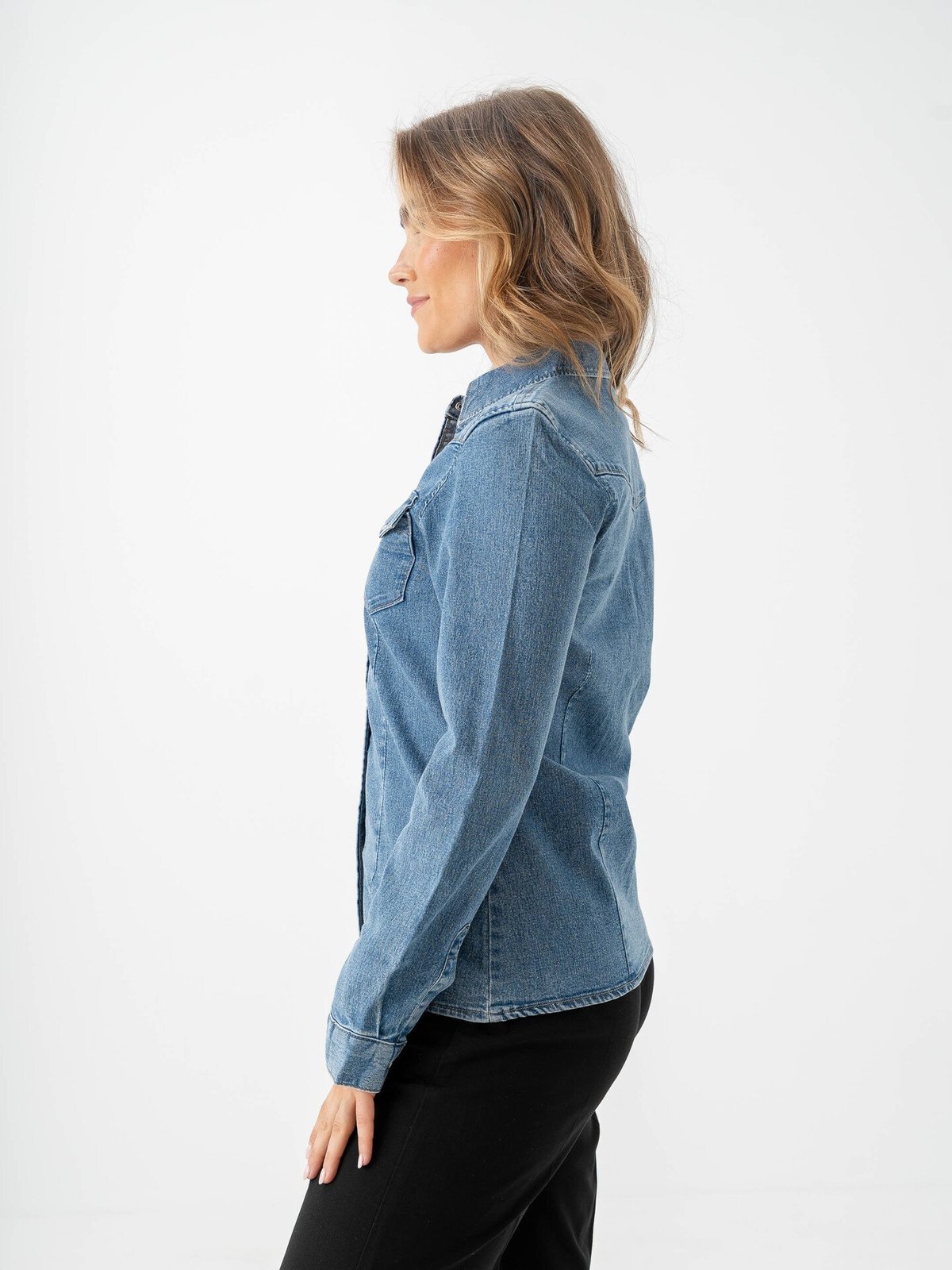 Only Sasia Long Sleeve Stretch Denim Shirt Dark Blue Denim