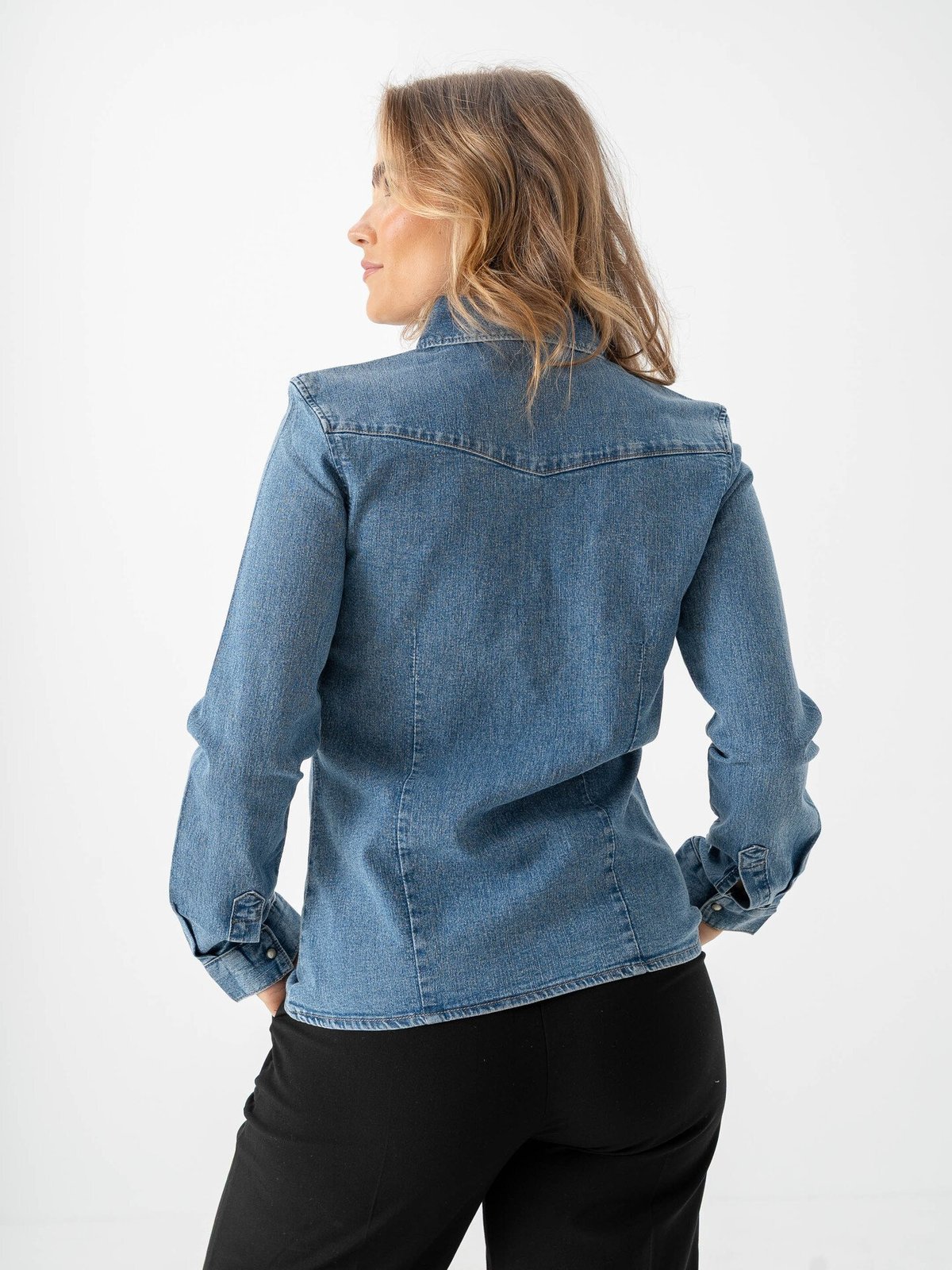 Only Sasia Long Sleeve Stretch Denim Shirt Dark Blue Denim