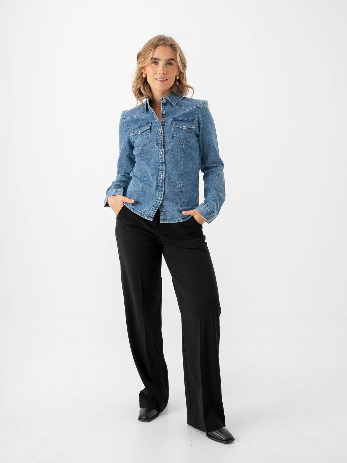 Only Sasia Long Sleeve Stretch Denim Shirt Dark Blue Denim