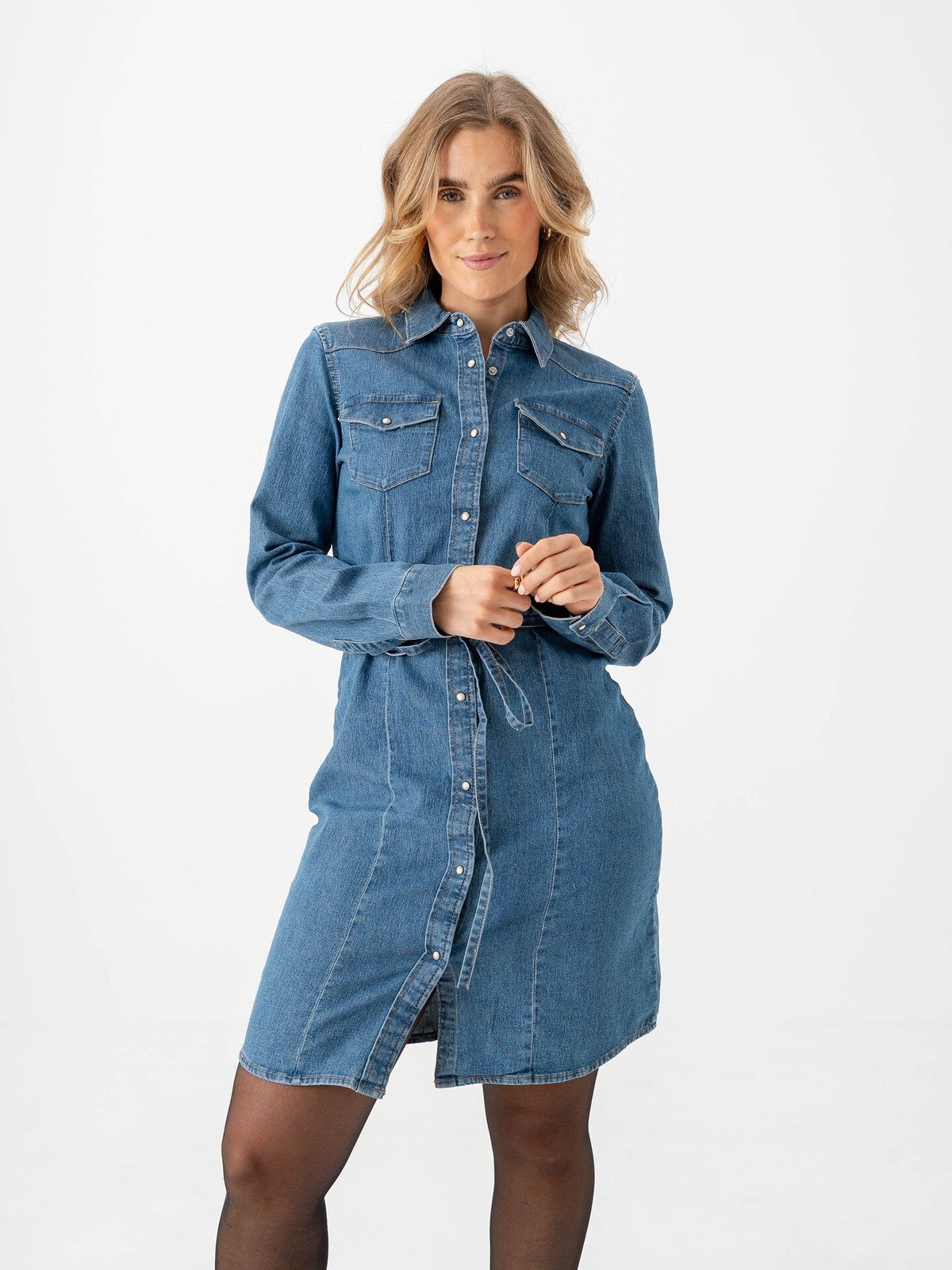 Only Sasia Long Sleeve Stretch Denim Dress Dark Blue Denim