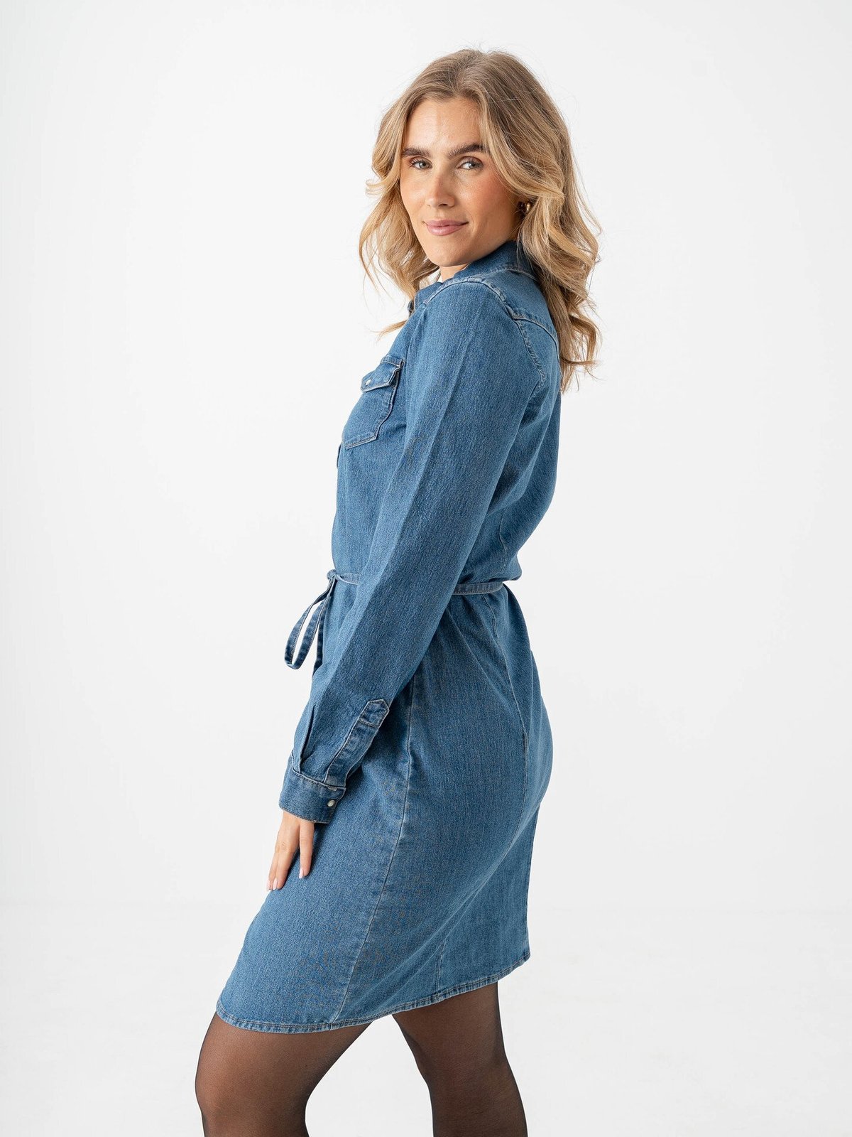 Only Sasia Long Sleeve Stretch Denim Dress Dark Blue Denim