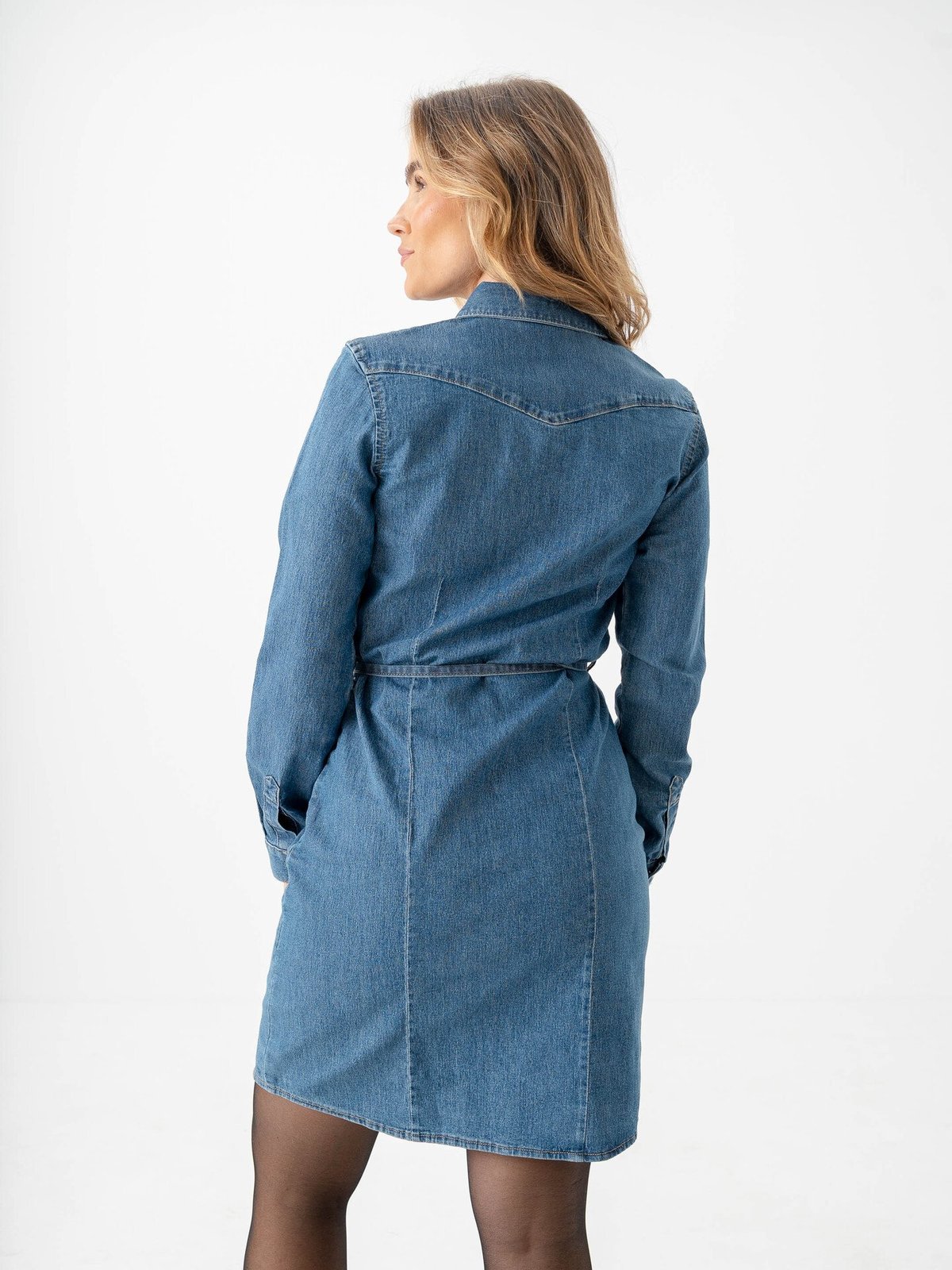 Only Sasia Long Sleeve Stretch Denim Dress Dark Blue Denim