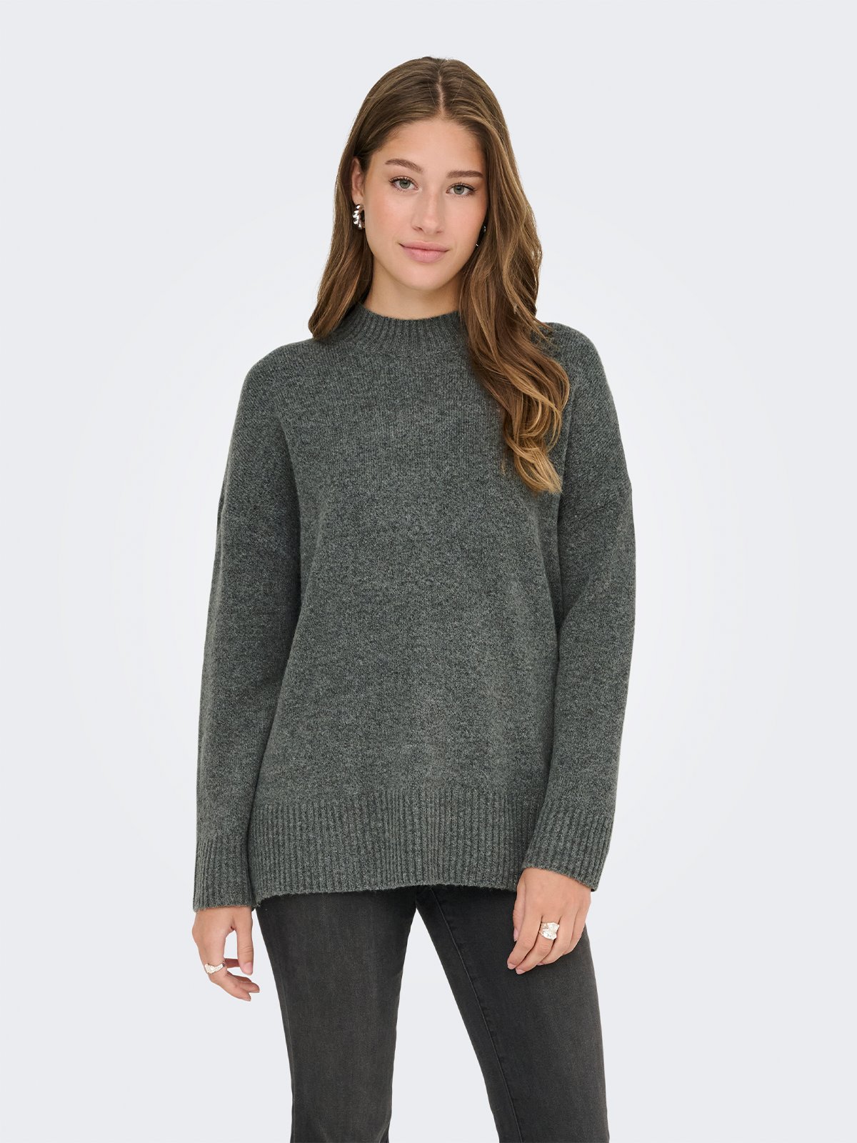 Only Hazel Long Sleeve Highneck Oversized Pull Knit Balsam Green Melange