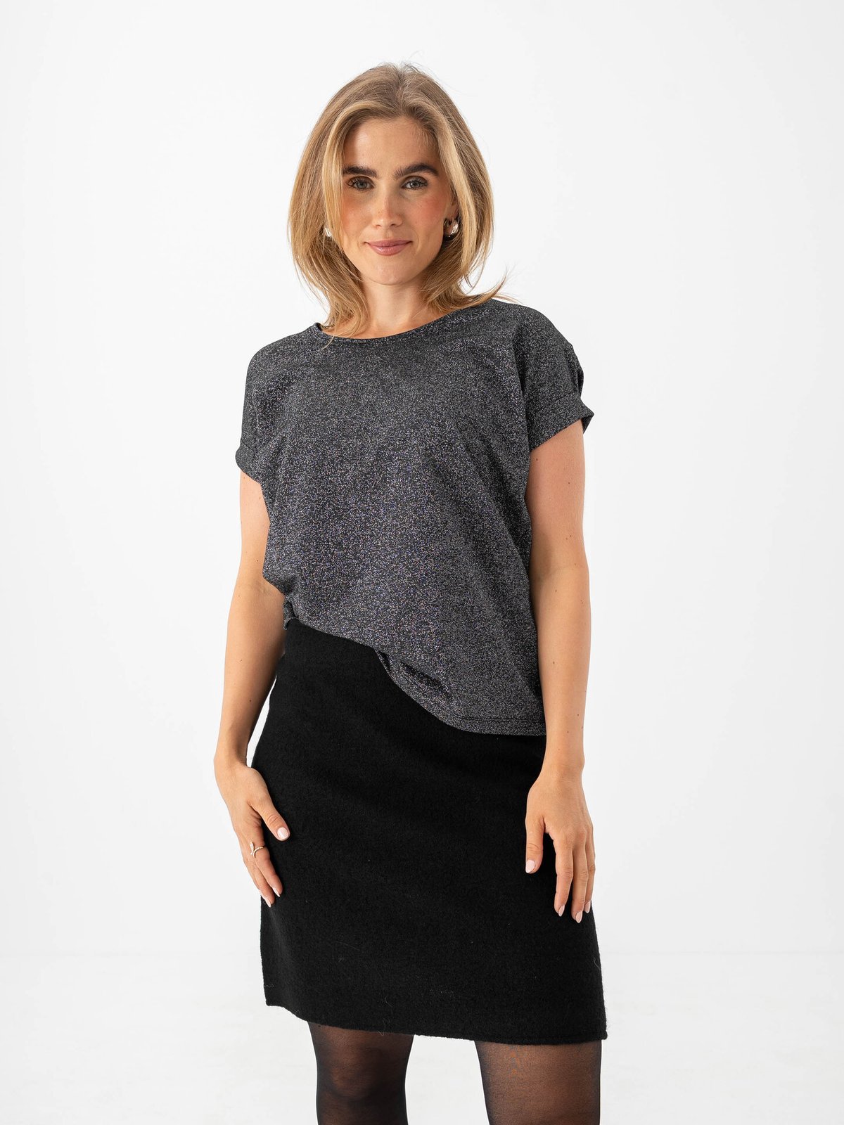 Only Moster Glitter Short Sleeve Top Black Silver Lurex