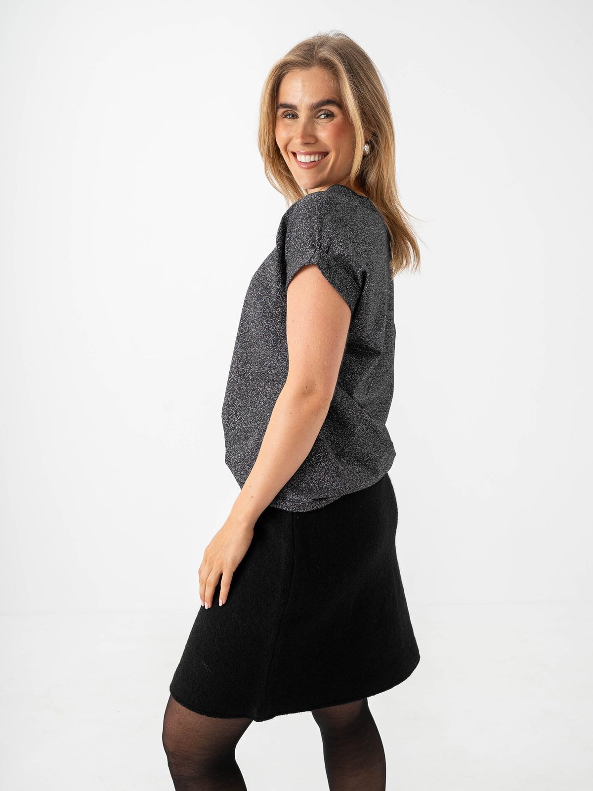 Only Moster Glitter Short Sleeve Top Black Silver Lurex