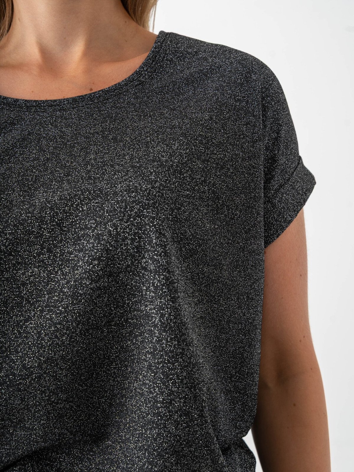 Only Moster Glitter Short Sleeve Top Black Silver Lurex