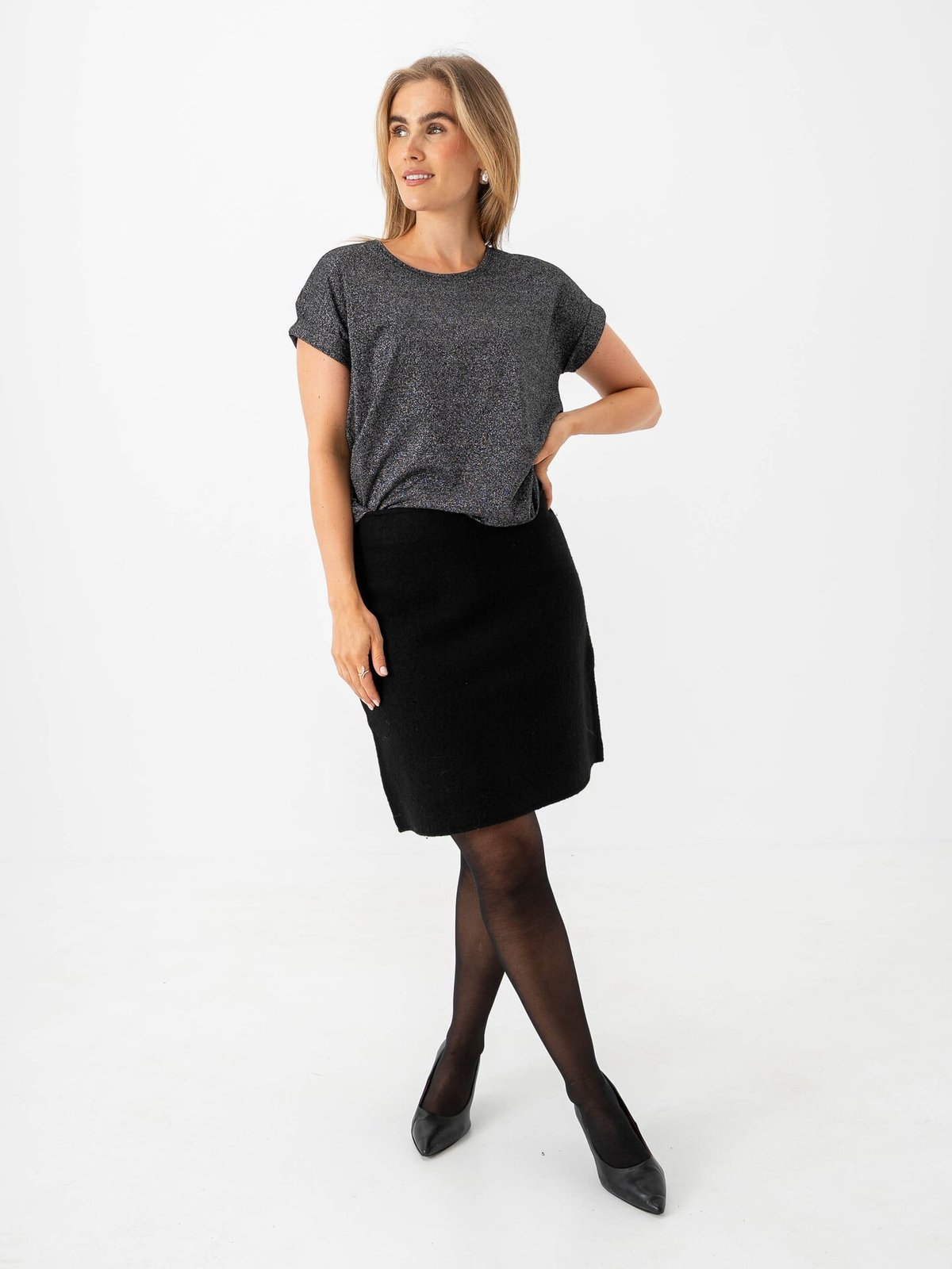 Only Moster Glitter Short Sleeve Top Black Silver Lurex