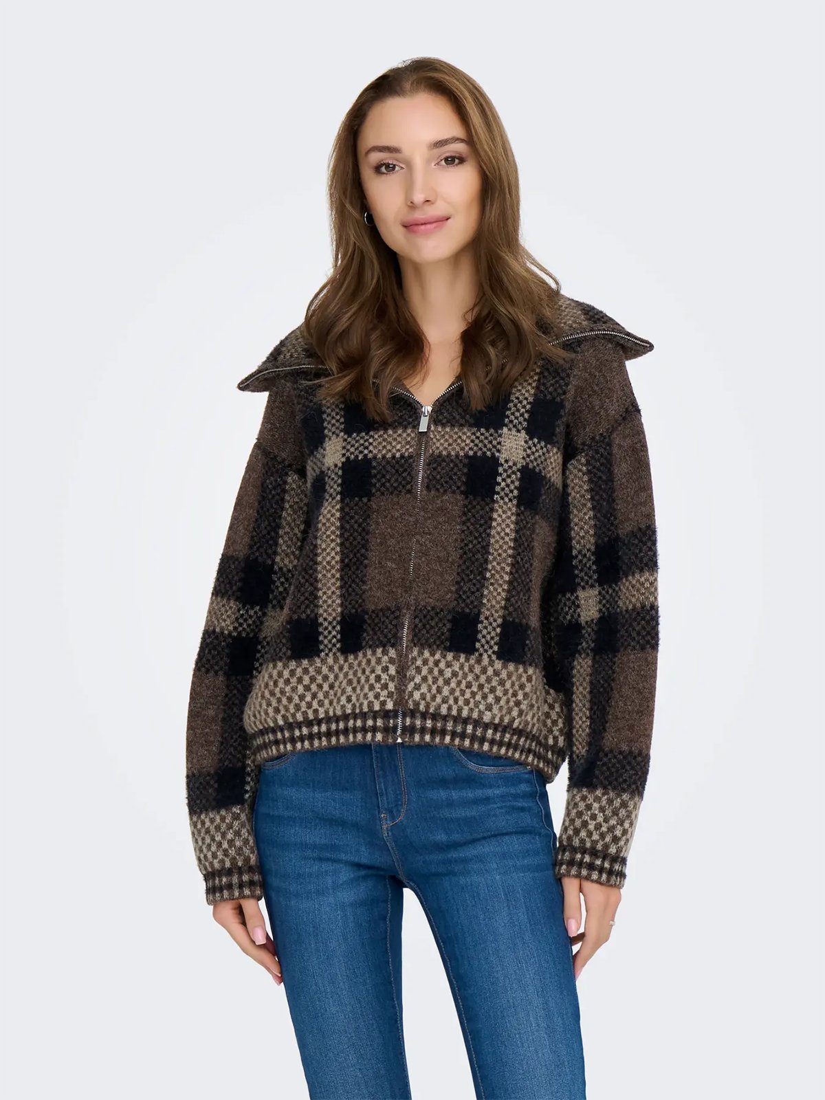 Only Maroon Zip Collar Cardigan Knit Black Chocolate Martini/Biscotti/Mel