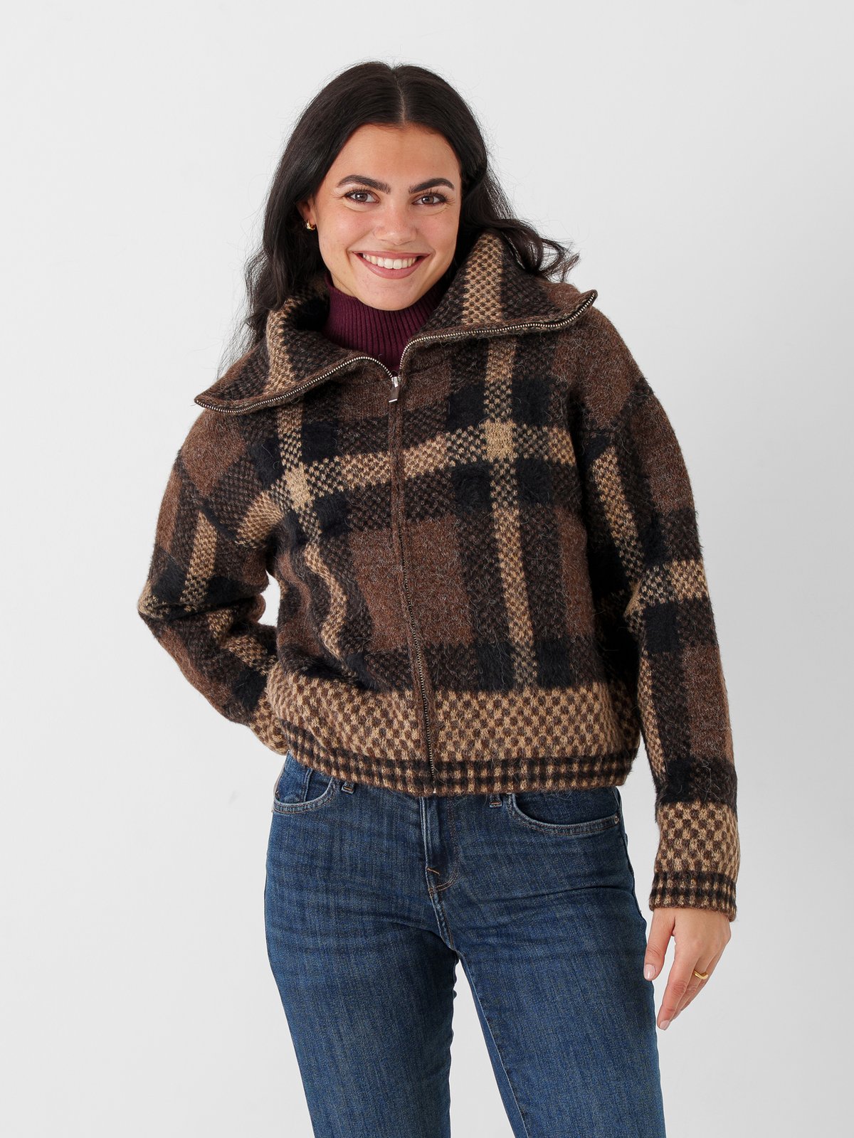 Only Maroon Zip Collar Cardigan Knit Black Chocolate Martini/Biscotti/Mel