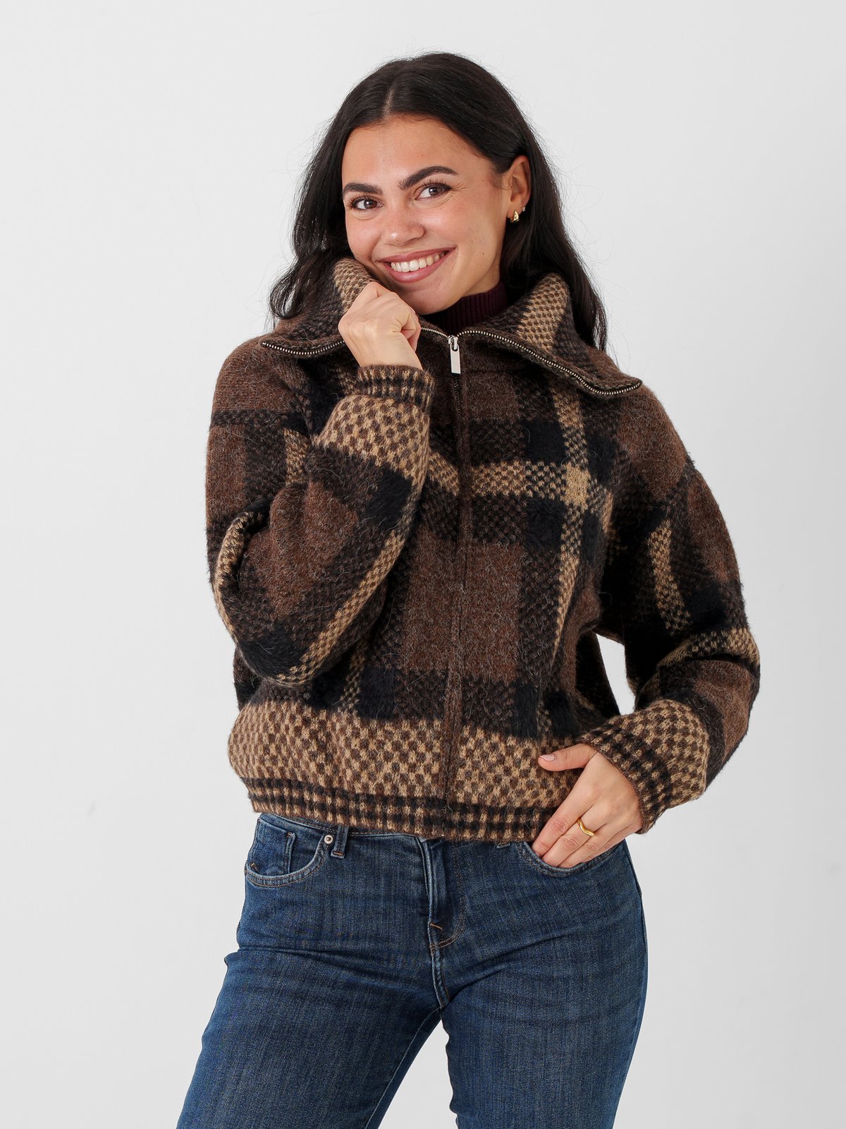 Only Maroon Zip Collar Cardigan Knit Black Chocolate Martini/Biscotti/Mel