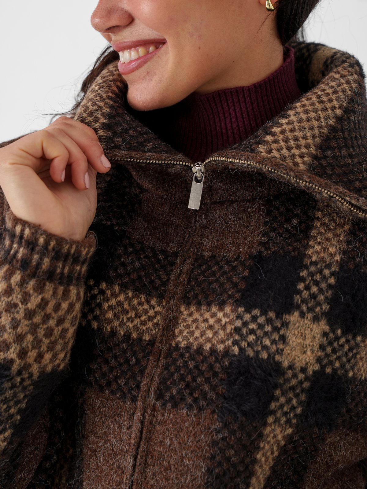 Only Maroon Zip Collar Cardigan Knit Black Chocolate Martini/Biscotti/Mel