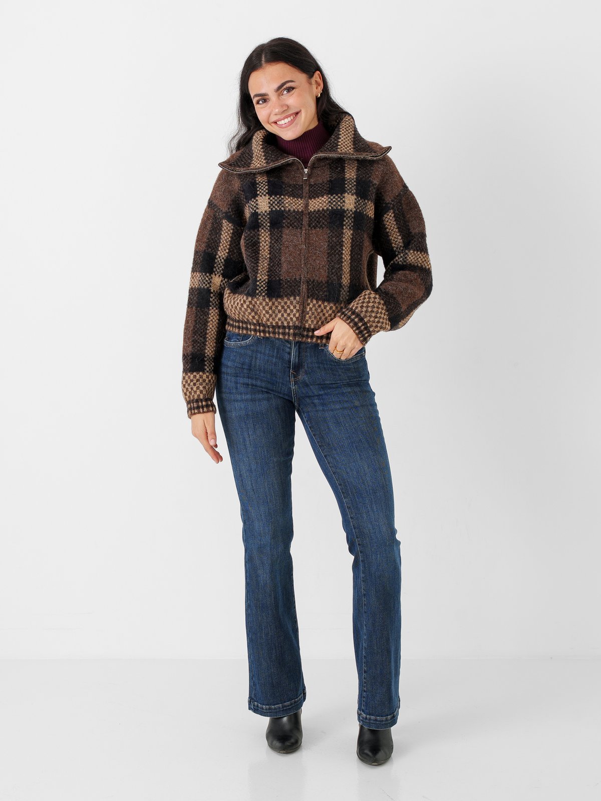 Only Maroon Zip Collar Cardigan Knit Black Chocolate Martini/Biscotti/Mel